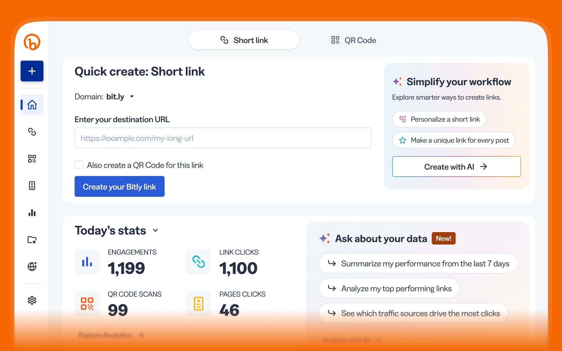 Bitly dashboard with quick create, today’s stats, and Ask about your data.