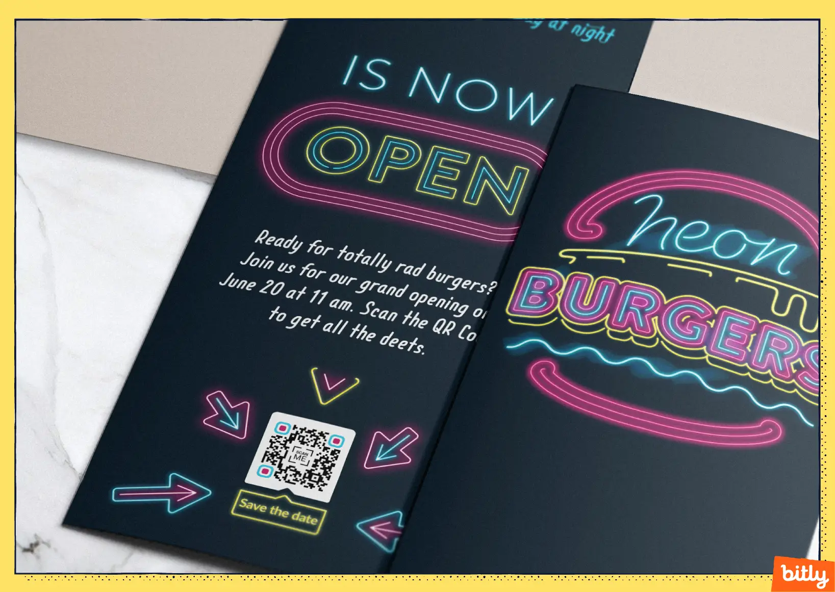 A QR Code on a "Grand Opening" flyer.