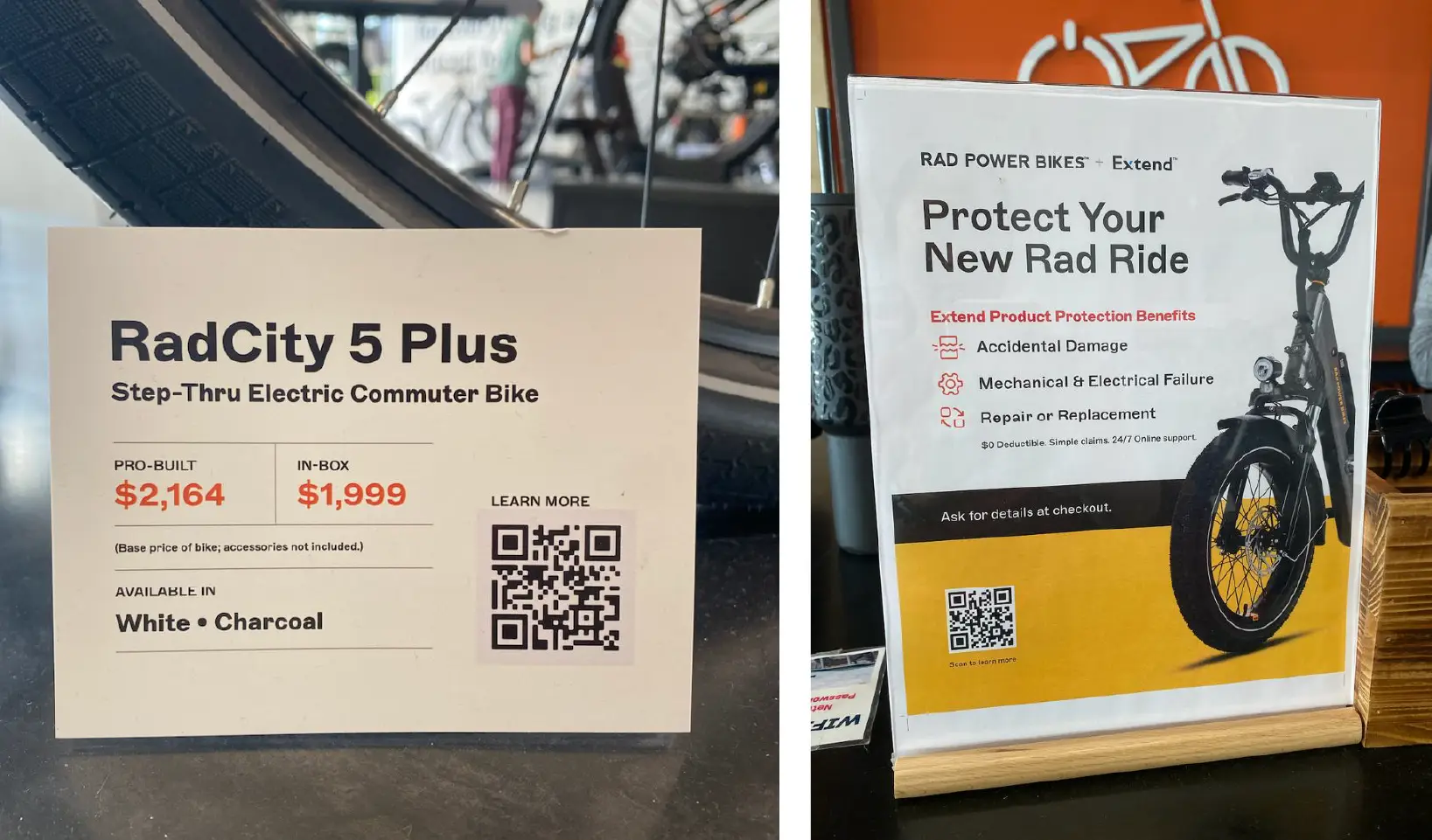 Two images side by side showcasing in-store signs at Rad Power Bikes, each with a QR Code on them.
