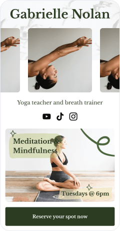 Example of a landing page created with Bitly Pages for a yoga class, linking to the social media accounts of the instructor, Gabrielle Nolan.