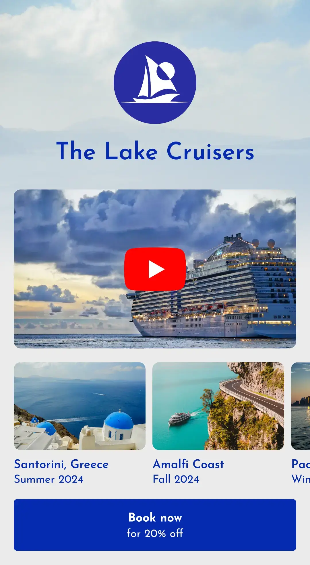 Beispiel für eine mit Bitly Pages erstellte Landingpage für eine Website, die Touren und Kreuzfahrten zu verschiedenen Zielen auf der ganzen Welt anbietet, wie zum Beispiel nach Santorini in Griechenland und an die Amalfiküste in Italien, mit einem YouTube-Video über das Erlebnis.