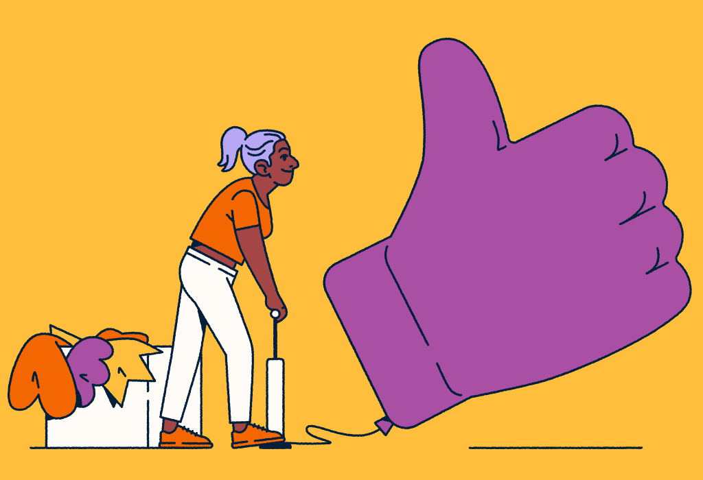 A customer inflating a massive 'like' emoji.