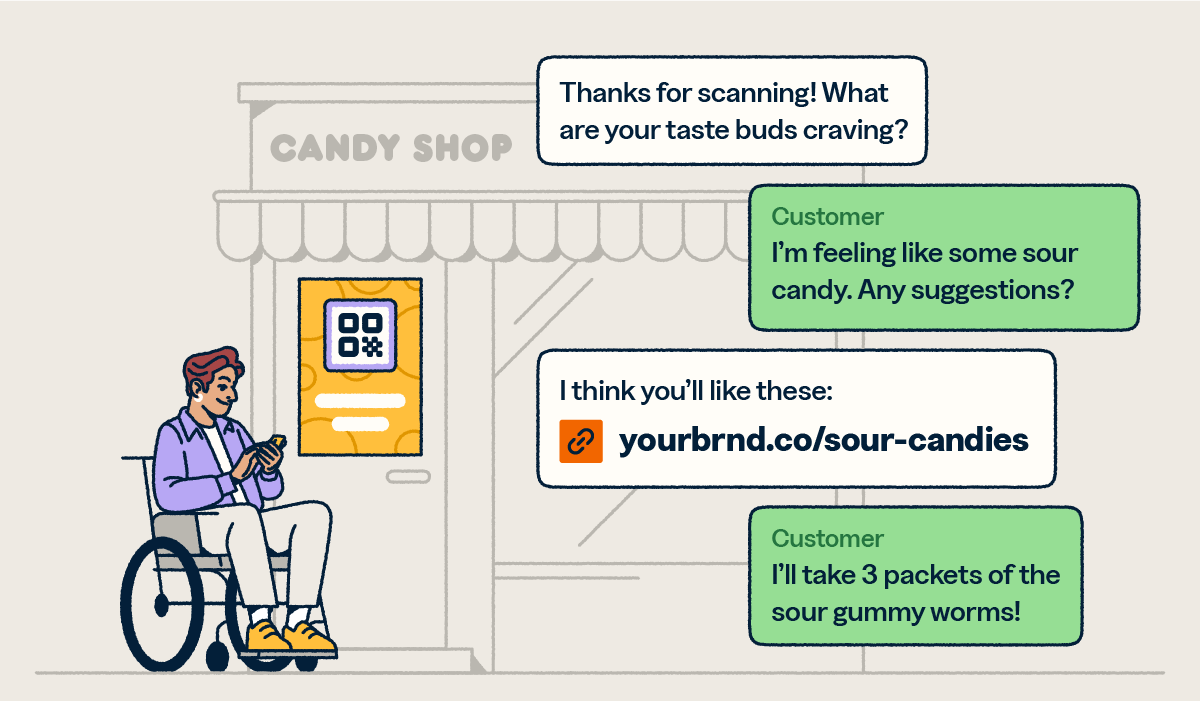 Person outside of a candy store interacting with a candy brand through text messages. 