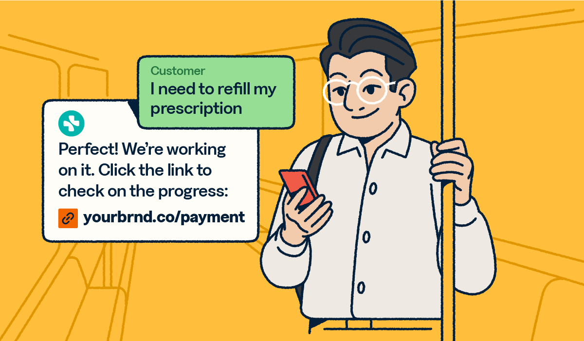Person on their cell phone texting with their healthcare provider about refilling a prescription.