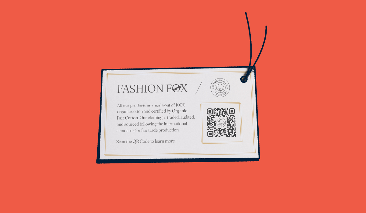 A clothing tag describing origins of cotton used. A QR Code is featured for those who want more information.