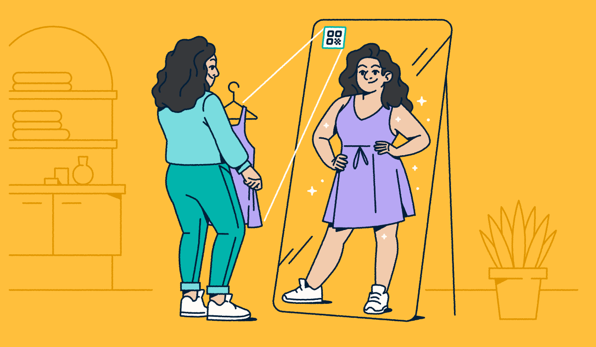 A woman in a green outfit standing in front of a floor-length mirror with an AR QR Code on it. She's holding a purple dress that's from the QR Code, and her reflection shows her in the dress.