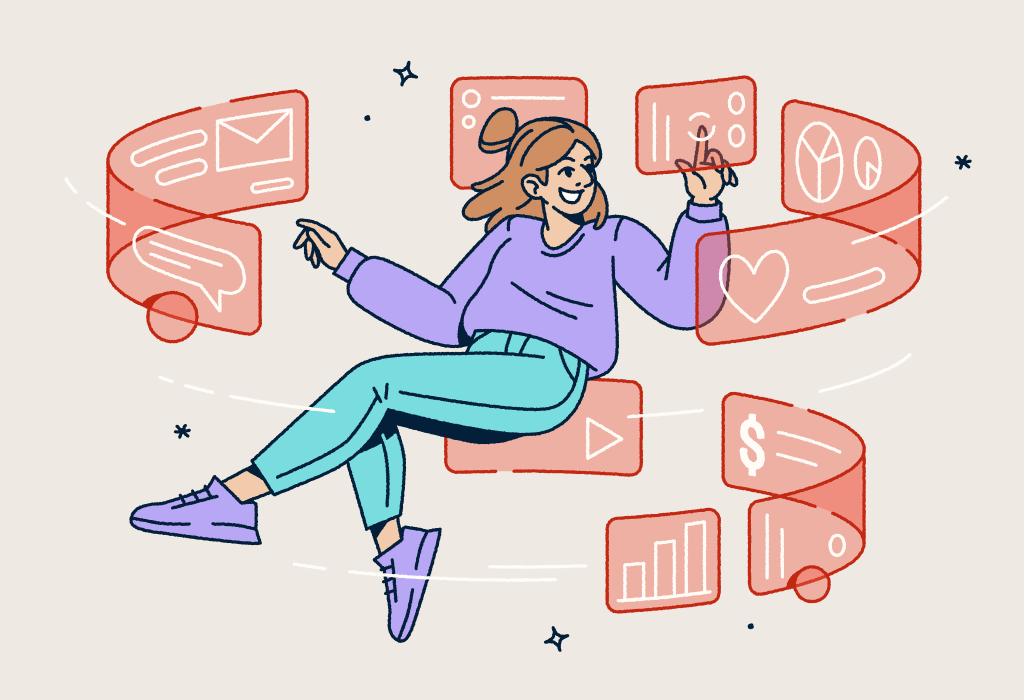 A woman floating in the air with screens swirling around her.