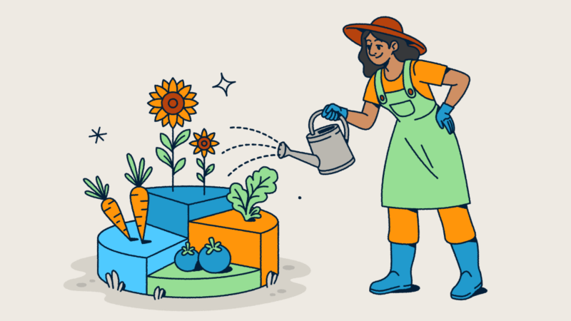 Illustration of a gardener wearing a hat and overalls watering a modular garden with different sections containing vegetables and flowers. The segmented garden plots represent data visualization concepts for analytics, data segmentation, and measuring growth through metrics.