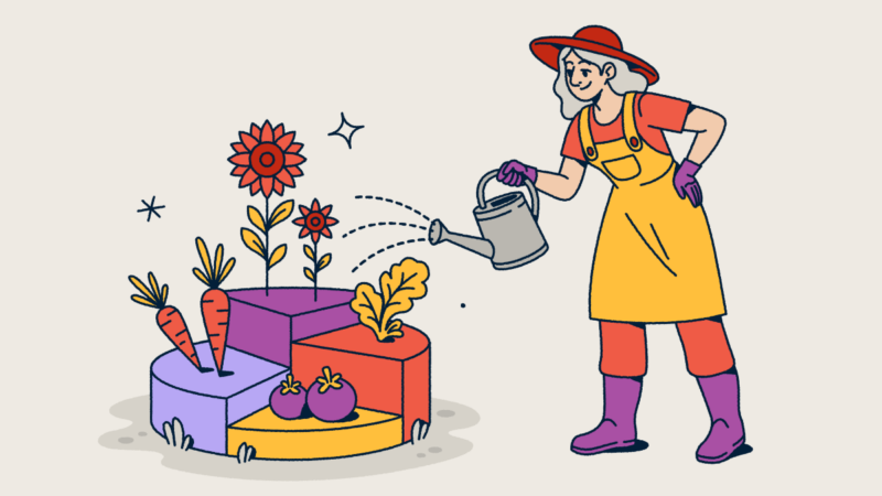 Illustration of a gardener wearing a hat and overalls watering a modular garden with different sections containing vegetables and flowers. The segmented garden plots represent data visualization concepts for analytics, data segmentation, and measuring growth through metrics.