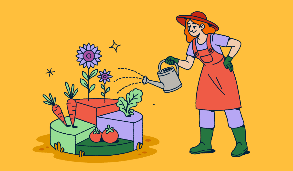 Illustration of a gardener wearing a hat and overalls watering a modular garden with different sections containing vegetables and flowers. The segmented garden plots represent data visualization concepts for analytics, data segmentation, and measuring growth through metrics.