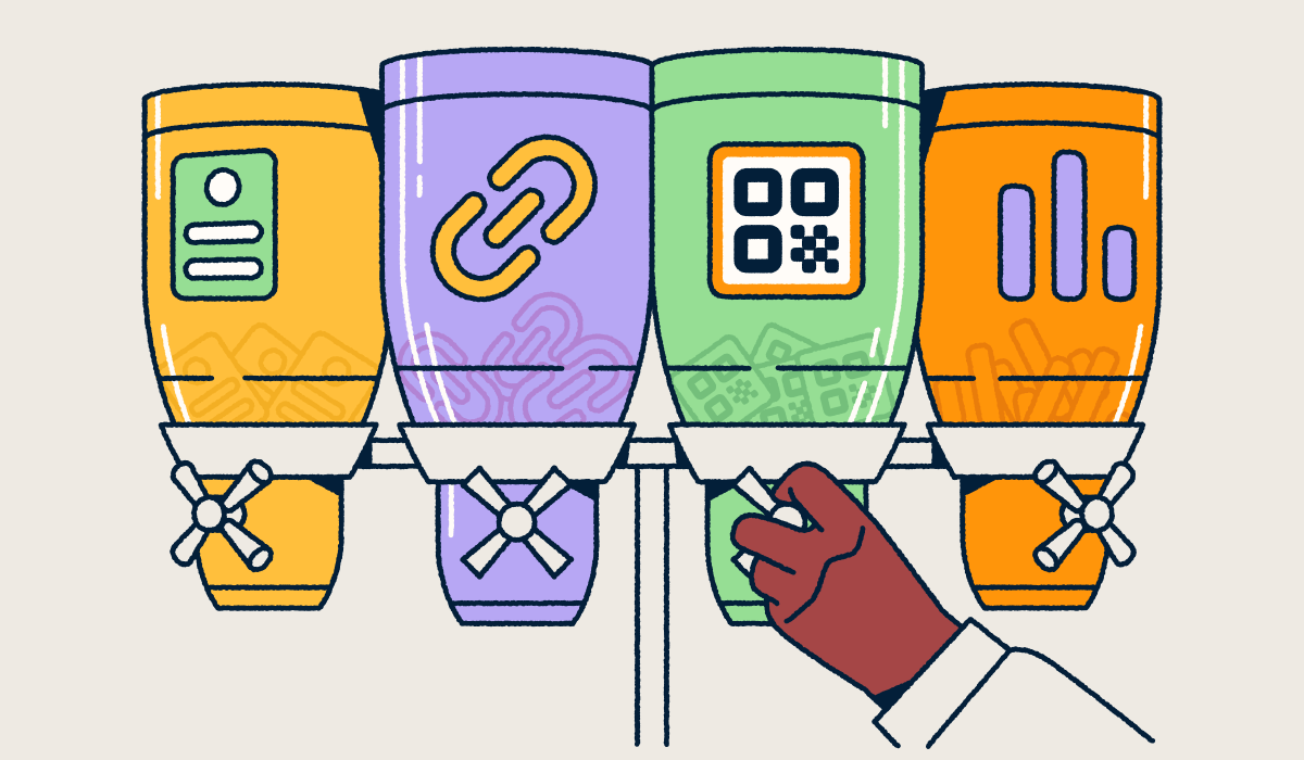 Four labeled dispensers representing Bitly's products—landing pages, short links, QR Codes, and analytics—with a hand selecting the QR Code option.