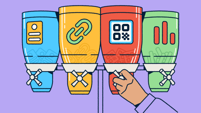 Four labeled dispensers representing Bitly's products—landing pages, short links, QR Codes, and analytics—with a hand selecting the QR Code option.