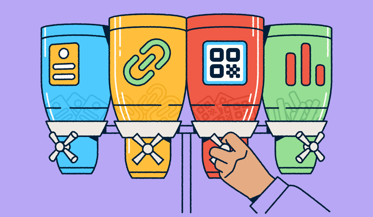 Four labeled dispensers representing Bitly's products—landing pages, short links, QR Codes, and analytics—with a hand selecting the QR Code option.