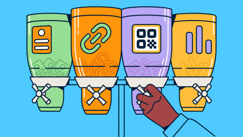 Four labeled dispensers representing Bitly's products—landing pages, short links, QR Codes, and analytics—with a hand selecting the QR Code option.