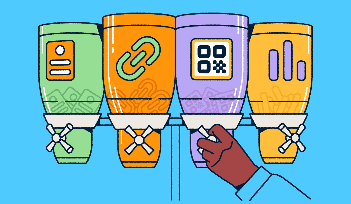 Four labeled dispensers representing Bitly's products—landing pages, short links, QR Codes, and analytics—with a hand selecting the QR Code option.
