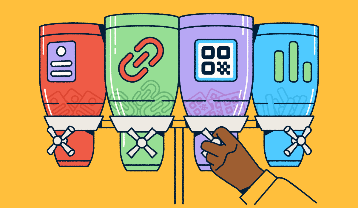 Four labeled dispensers representing Bitly's products—landing pages, short links, QR Codes, and analytics—with a hand selecting the QR Code option.