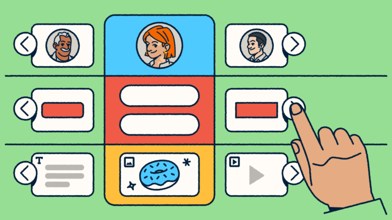 A customizable landing page selector with modules including profiles, buttons, text blocks, images, and video, with a hand selecting to build or edit a layout.