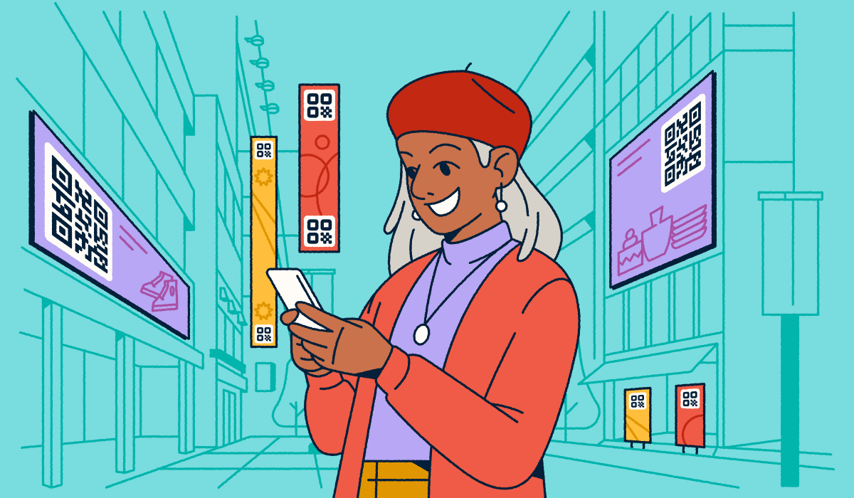 A woman standing in a city with digital advertisements featuring QR Codes around her. She's holding a smartphone in her hands.