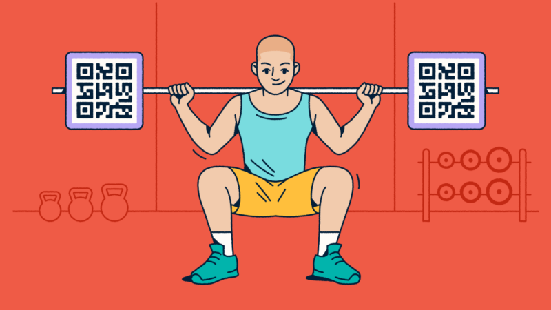 A person doing a squat with a barbell. The weights on the ends are QR Codes.