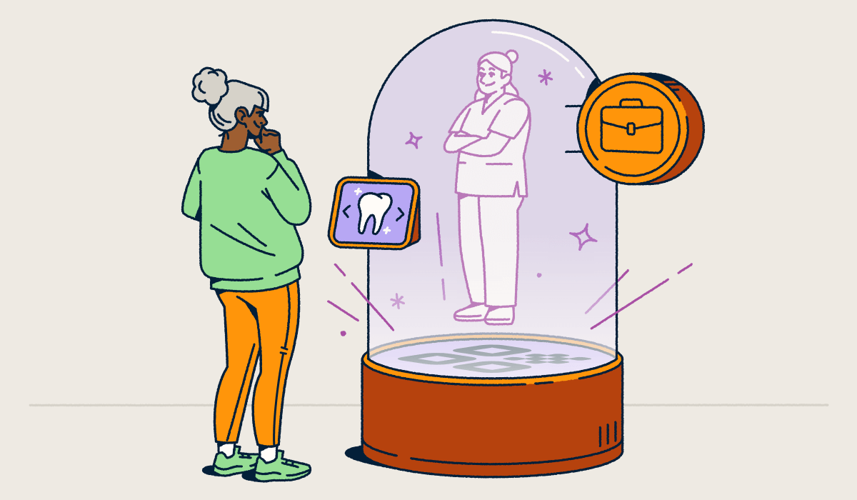 A person views a holographic figure inside a snow-globe-like container, emerging from a QR Code welcome mat. A screen allows the person to select a service.