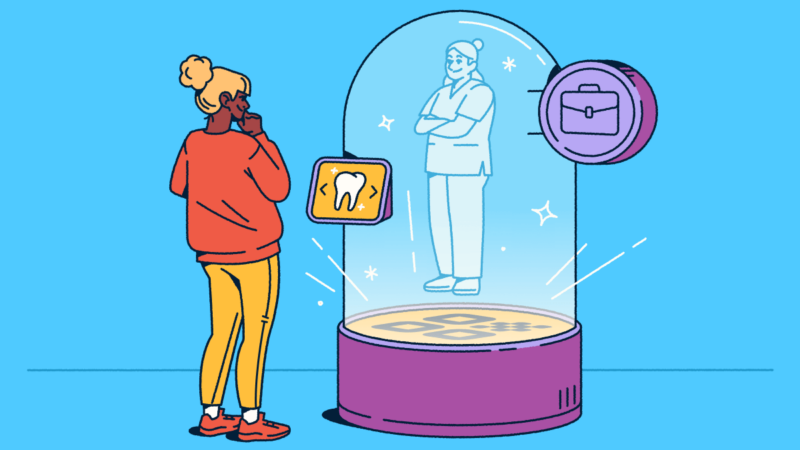 A person views a holographic figure inside a snow-globe-like container, emerging from a QR Code welcome mat. A screen allows the person to select a service.