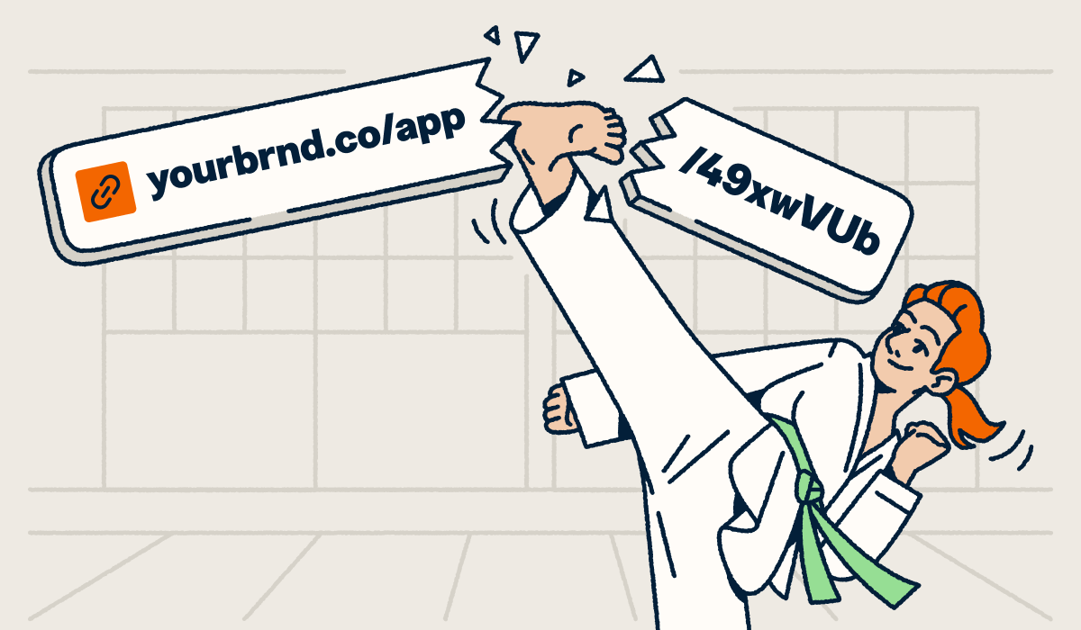 A martial artist breaking a long, generic URL with a high kick to reveal a custom branded short link.
