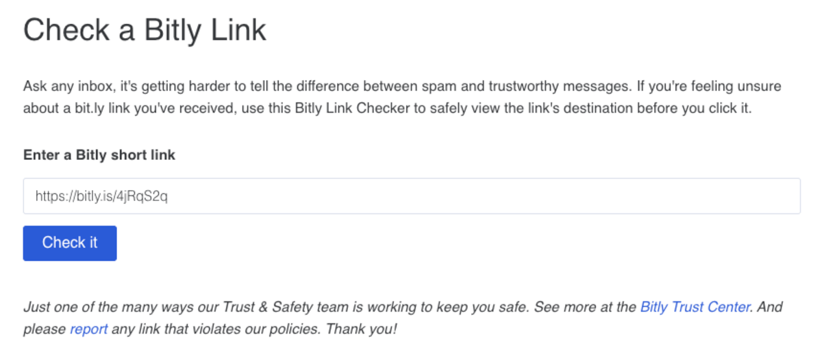Bitly Link Checker tool interface showing a form where users can enter shortened URLs to verify destinations before clicking. Features a text field with example link 'https://bitly.is/4jRqS2q', a blue 'Check it' button, and Trust & Safety information with a link to the Bitly Trust Center for reporting suspicious links.