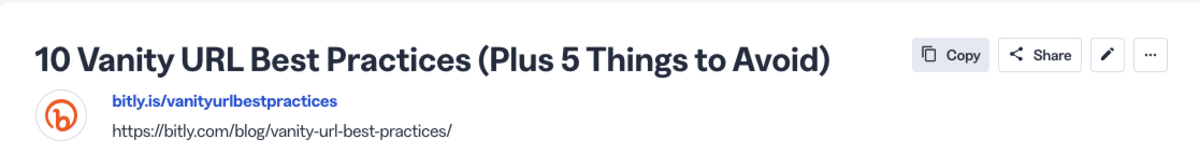 Bitly shortened link display showing the article title '10 Vanity URL Best Practices (Plus 5 Things to Avoid)' with action buttons for Copy, Share, Edit, and More options.