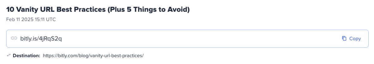 Bitly link checker results showing a shortened URL 'bitly.is/4jRqS2q' with copy button and its destination URL 'https://178.128.29.131/blog/vanity-url-best-practices/' for an article titled '10 Vanity URL Best Practices (Plus 5 Things to Avoid)' published on Feb 11, 2025.