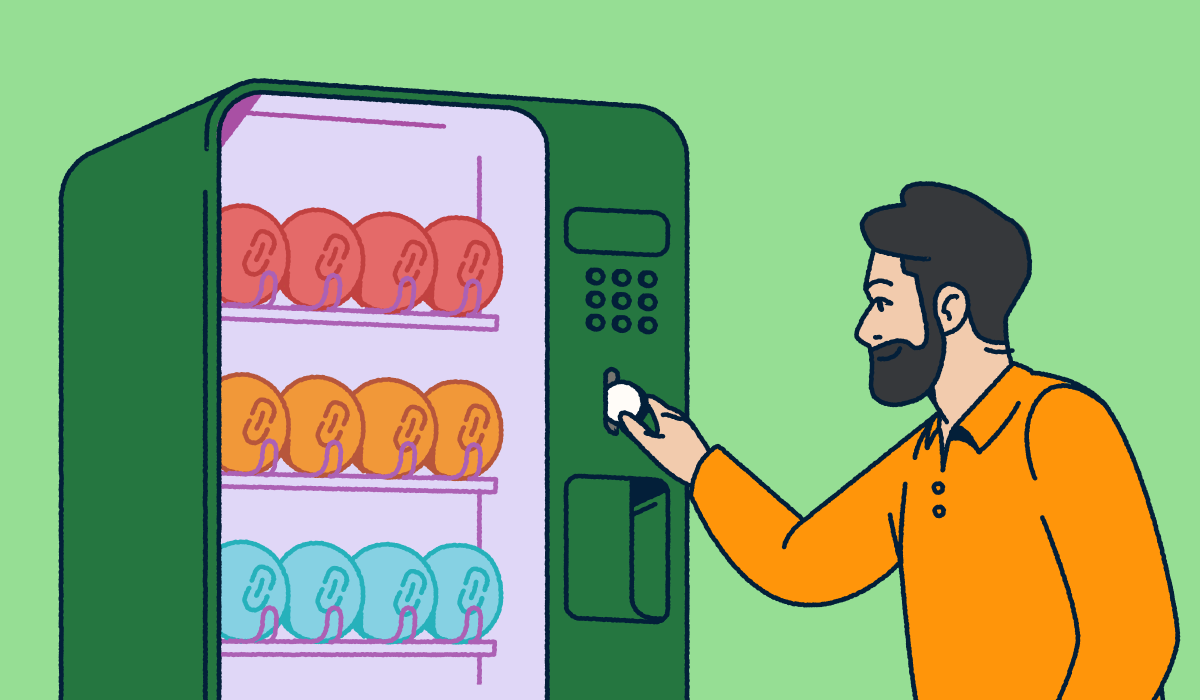 A man putting a coin into a vending machine full of various link shorteners.
