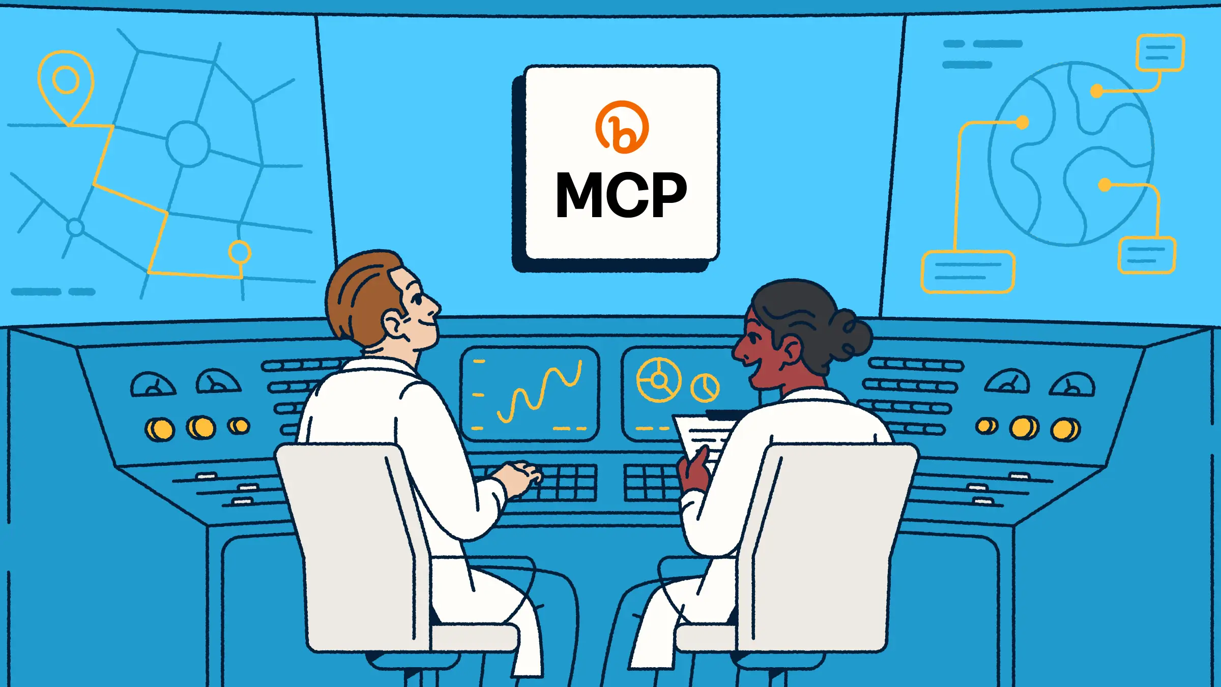 Two scientists staring up at the Bitly MCP.