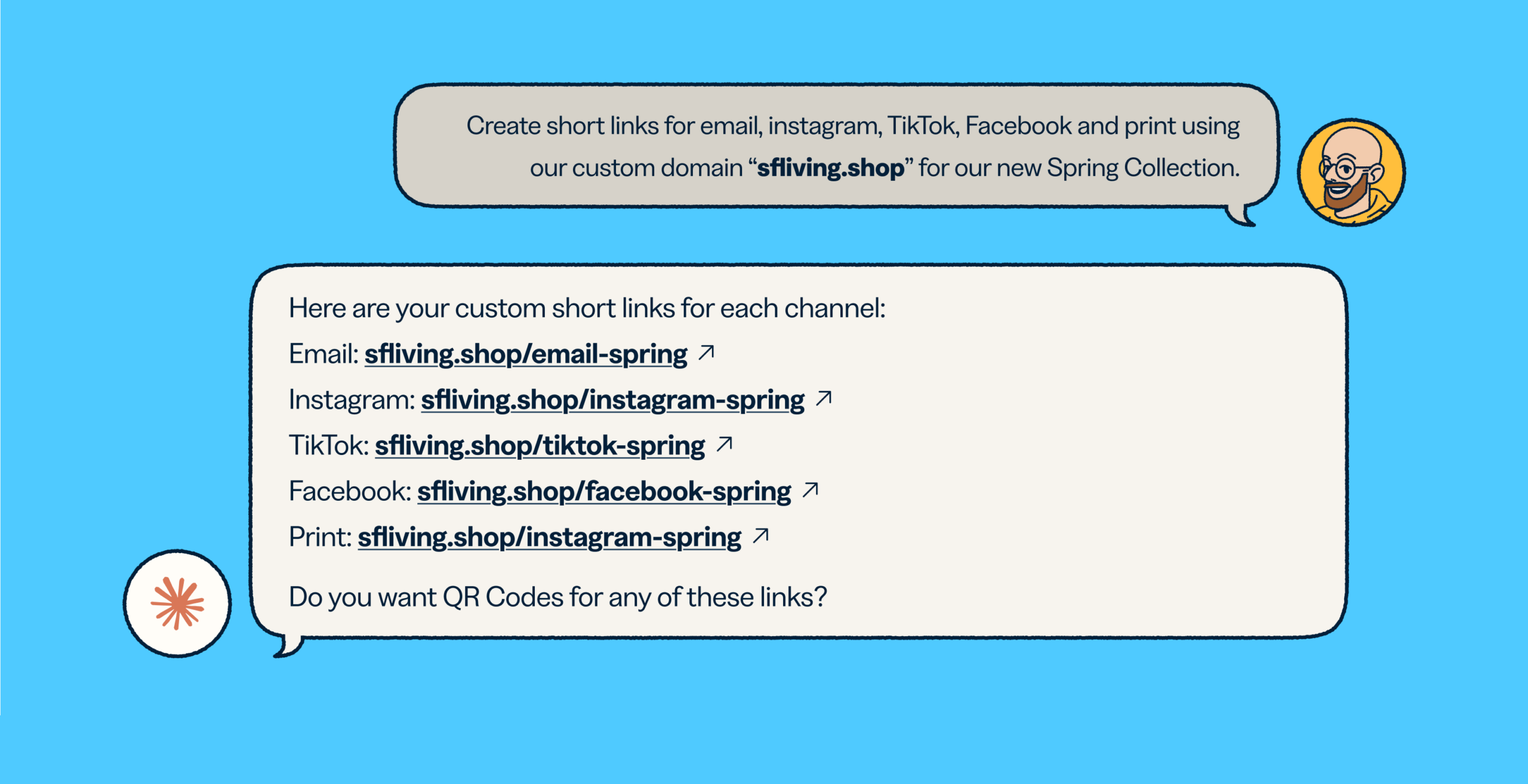 A chat conversation with Claude that shows a user creating several links for social channels.