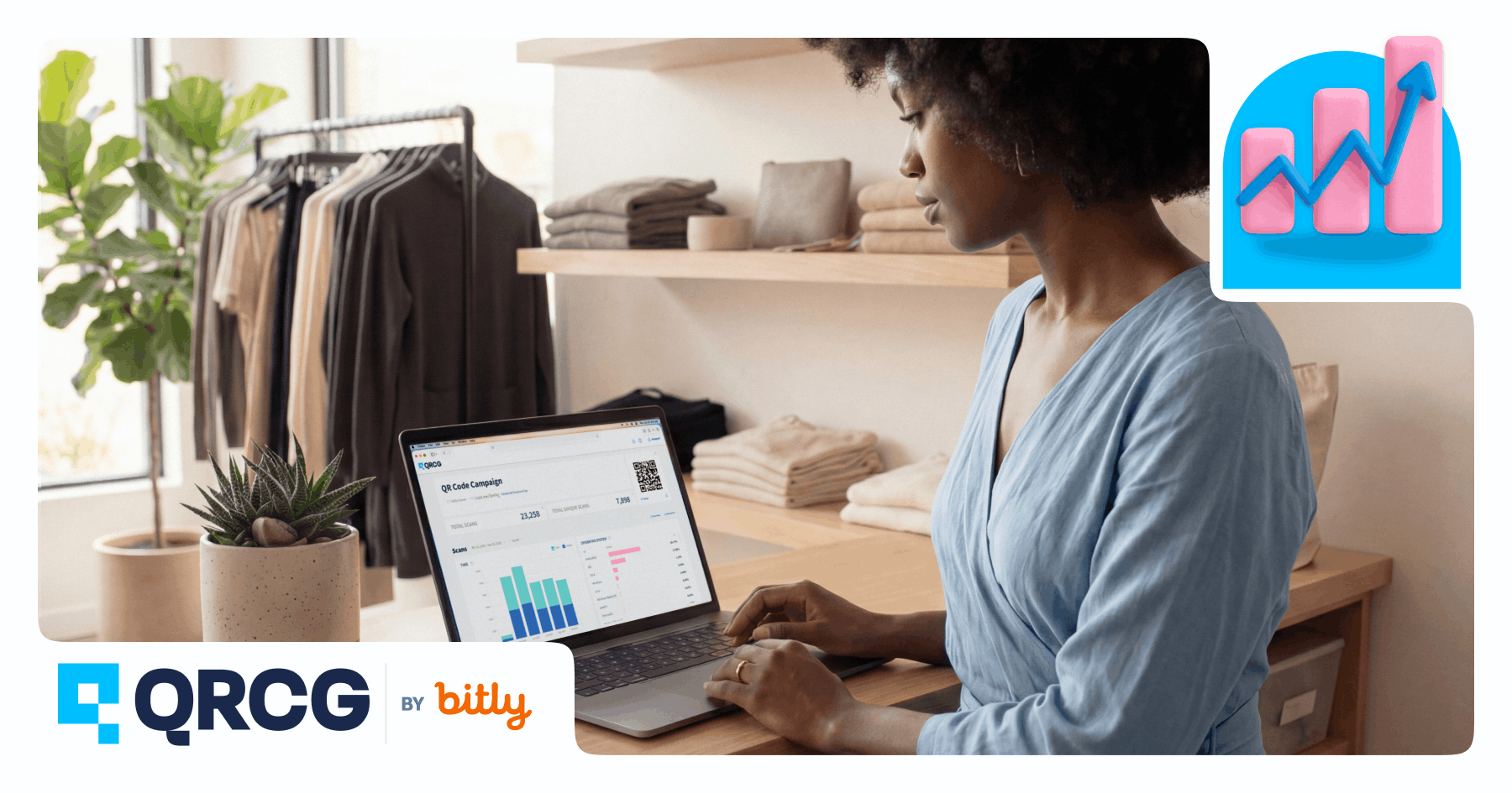 Woman on a computer in a retail store looking at data. 