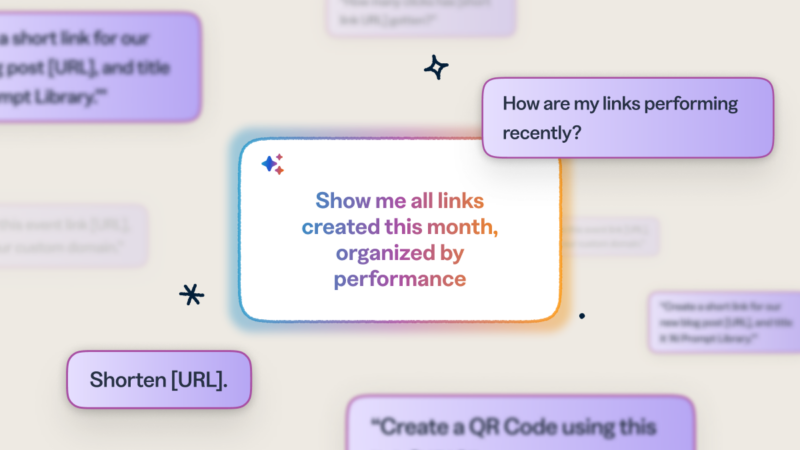 AI-powered prompt interface showing example commands like "Show me all links created this month, organized by performance" and "How are my links performing recently?"