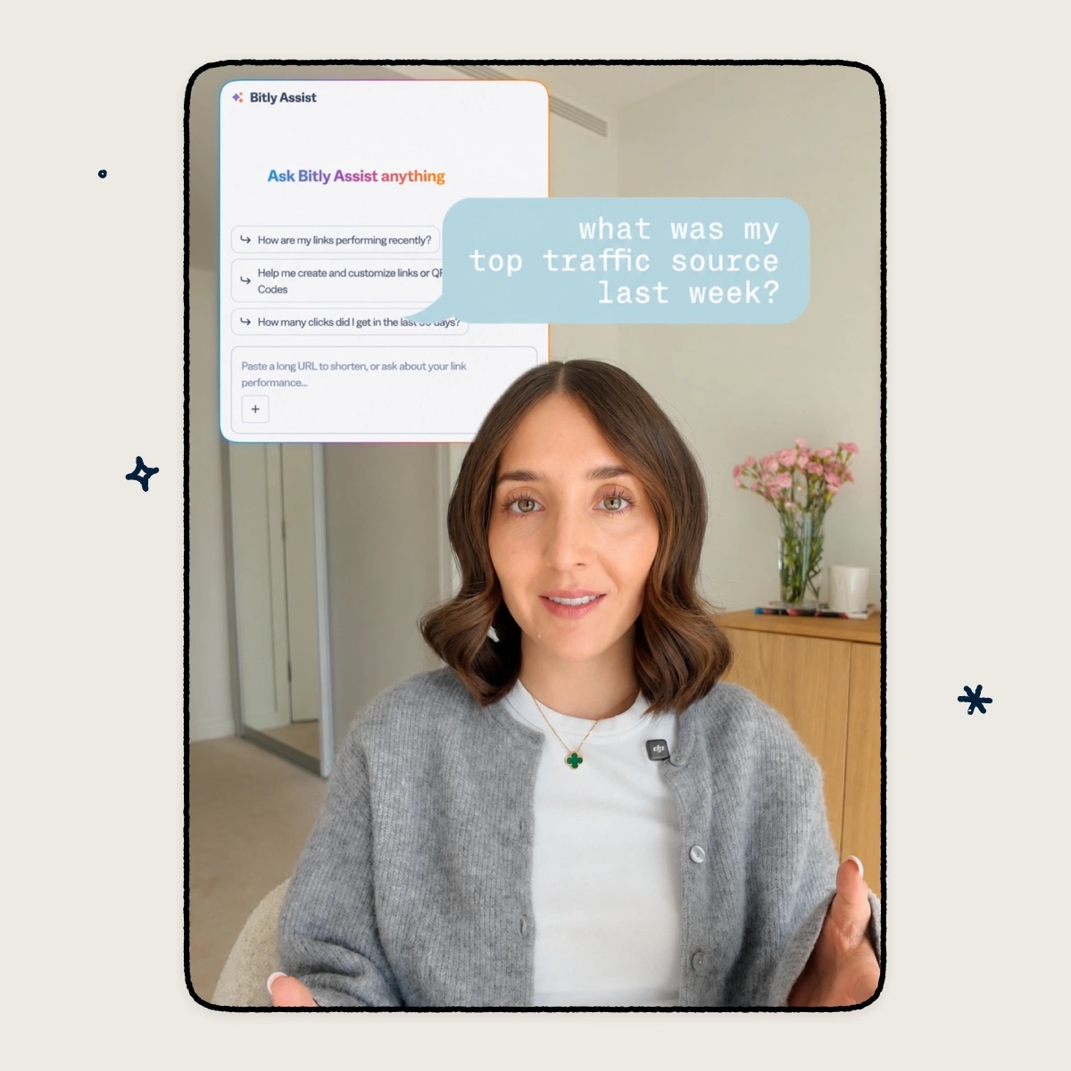 Sophie Miller with Bitly Assist interface open, asking "what was my top traffic source last week?"