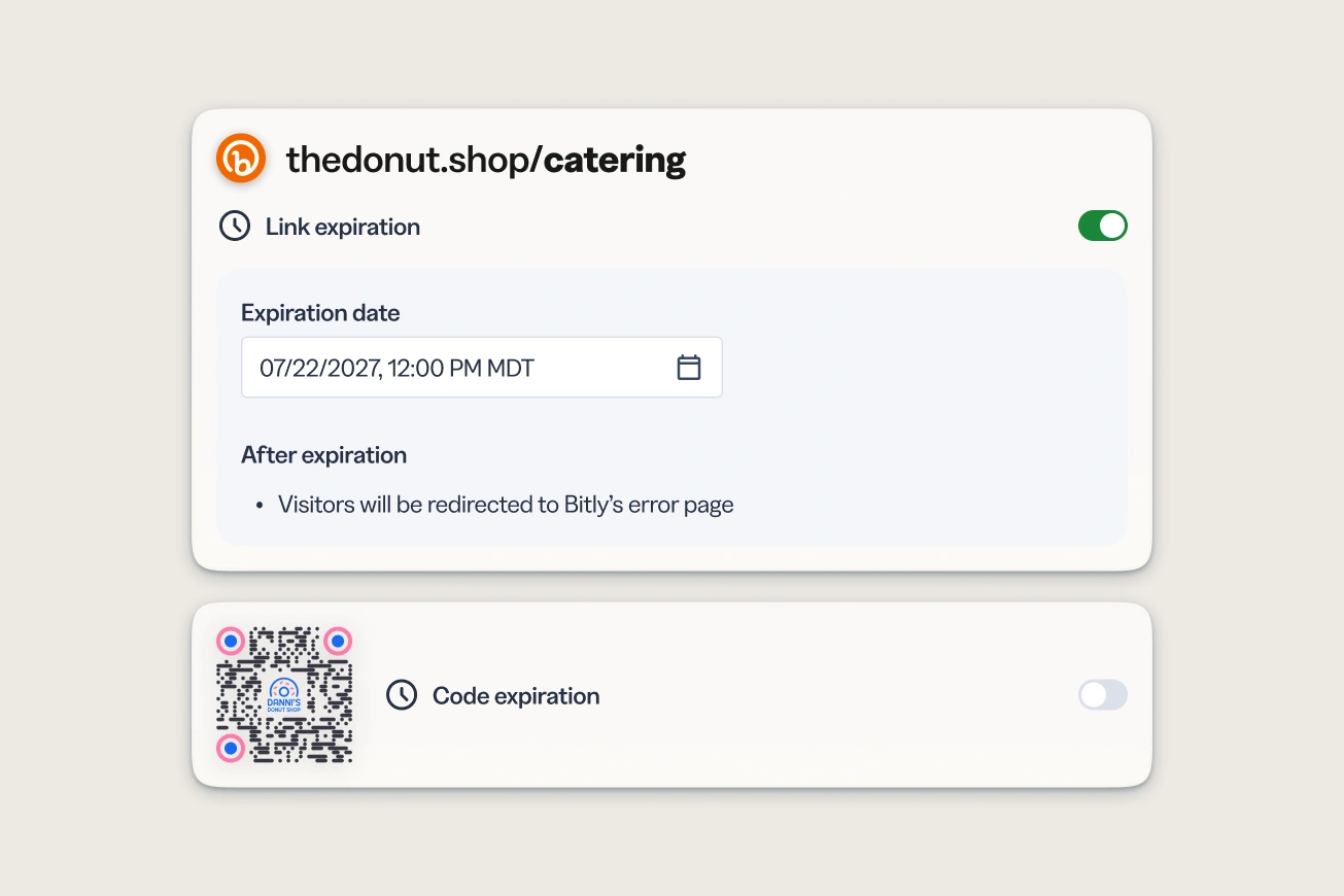 Bitly link and code expiration settings for thedonut.shop/catering. Link expiration is toggled on, with an expiration date of 07/22/2027, 12:00 PM MDT, and a note that visitors will be redirected to Bitly's error page after expiration. Below, a QR Code is shown with Code expiration toggled off.