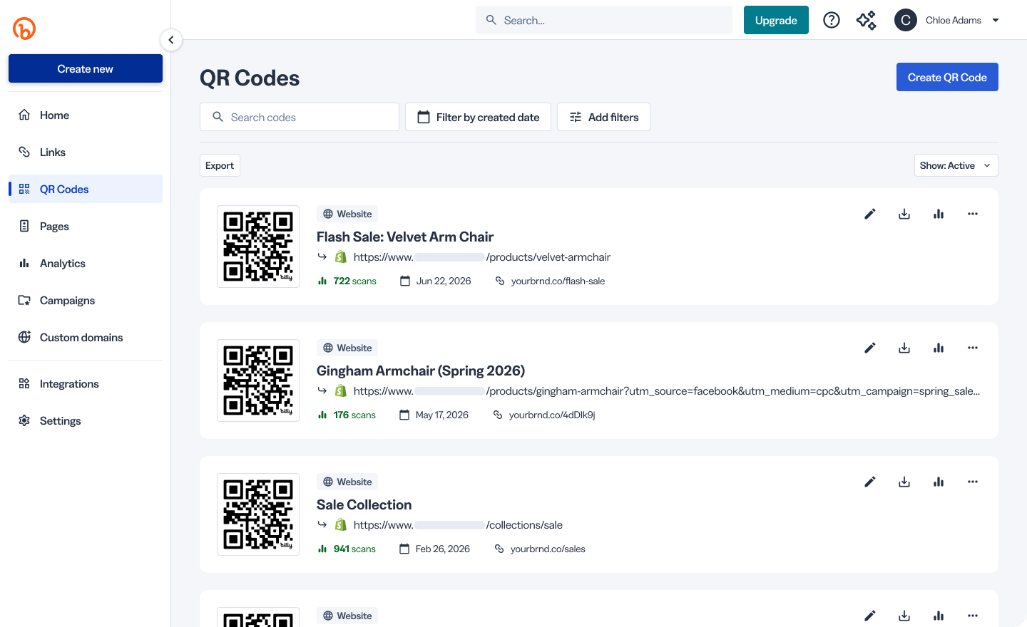 Bitly QR Code details page showing Shopify sales data and a performance trend chart.