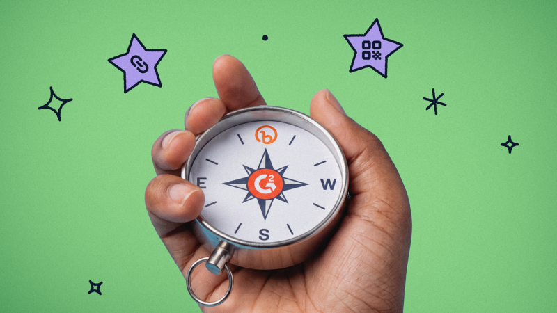 A hand holds a compass with the G2 logo at its center and the Bitly logo at north, surrounded by purple stars featuring link and QR Code icons on a green background.