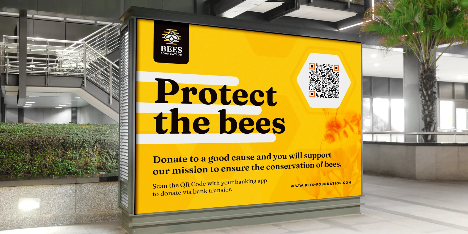 A large advertisement for a nonprofit encouraging readers to donate via QR Code.